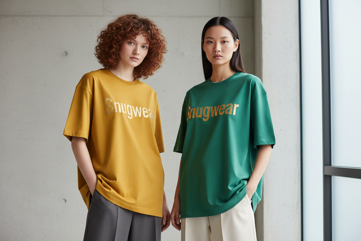 2 models wearing oversize tshirts with snugwear logo in mustured and jade colour