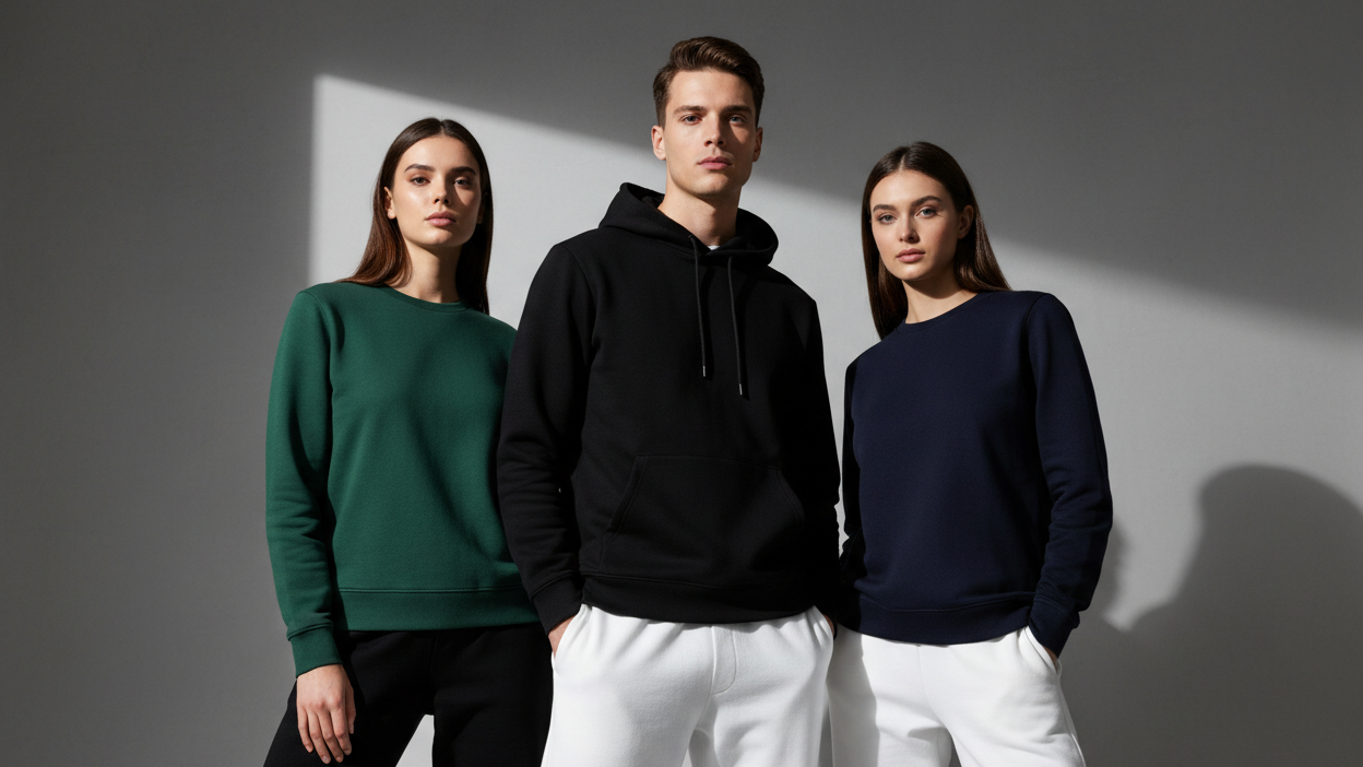 CREATE 3 MODELS 2 FEMALE AND 1 MALE. MALE MODEL IS WEARING A REGULAR FIT HOODIE IN BLACK COLOUR AND FEMALE MODELS WEARING REGULAR FIT SWEATSHIRTS WITHOUT HOOD IN BOTTLE GREEN AND NAVY BLUE COLOUR AND POSEING LIKE A COMMERCIAL MODEL STANDING FRONT OF WALL AND IN BOTTOM THEY ALL SHOULD HAVE WHITE SWEATPANT AND BLACK SWEATPANTS. BACKGROUND SHOULD BE PLAIN GREY WITH SOME LIGHTING AND DARKNESS FOR ASTHETIC LOOK.