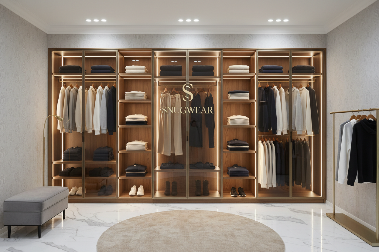 Create a big luxury wardrobe with hoodies tshirts and sweatpants with the brand logo “SNUGWEAR” on wardrobe and walls