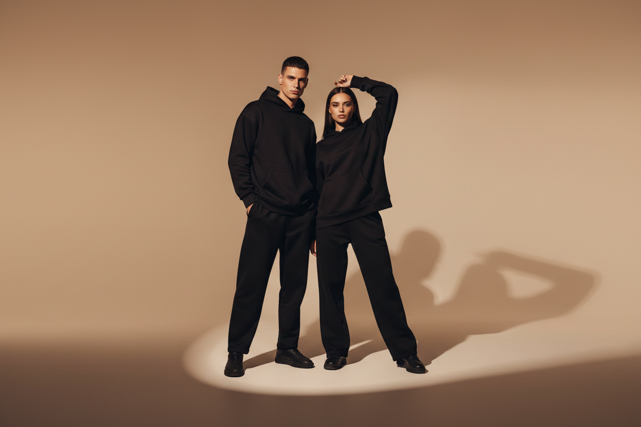 Create a luxury fashion hero banner in ultra-wide format (3840×1600, 21:9). Feature one handsome male and one hot female model, centered, posing in an editorial commercial stance inspired by high-end fashion ads. Both wear plain black oversized hoodies and loose sweatpants. Background is a soft warm beige studio backdrop with cinematic lighting, elegant shadows, premium aesthetic. No text, no logos, no UI. Models within center safe zone only.